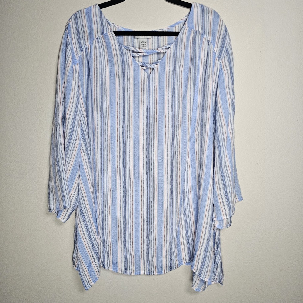 Catherines Womens 4X Red White Blue Vertical Striped 3/4 Sleeve Lightweight Airy